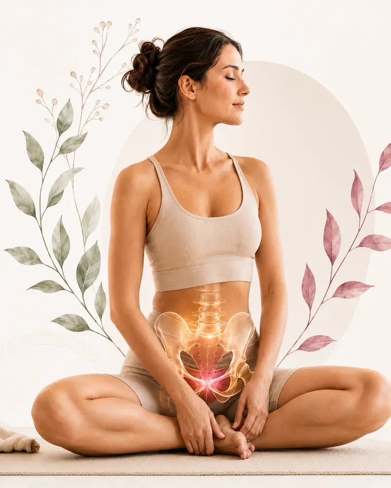 Ilustración editorial del curso de suelo pélvico con anatomía sutil y eucalipto